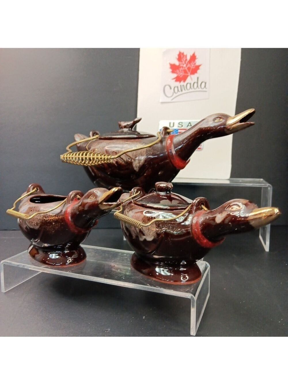 Vintage Japanese Teapot Set With 2 Lids Ducks Geese Birds Metal Handles Redware